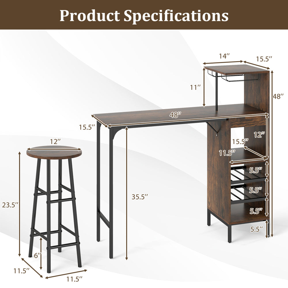 Bar table and stool set in rustic brown with wine rack, featuring dimensions and specifications for easy assembly.