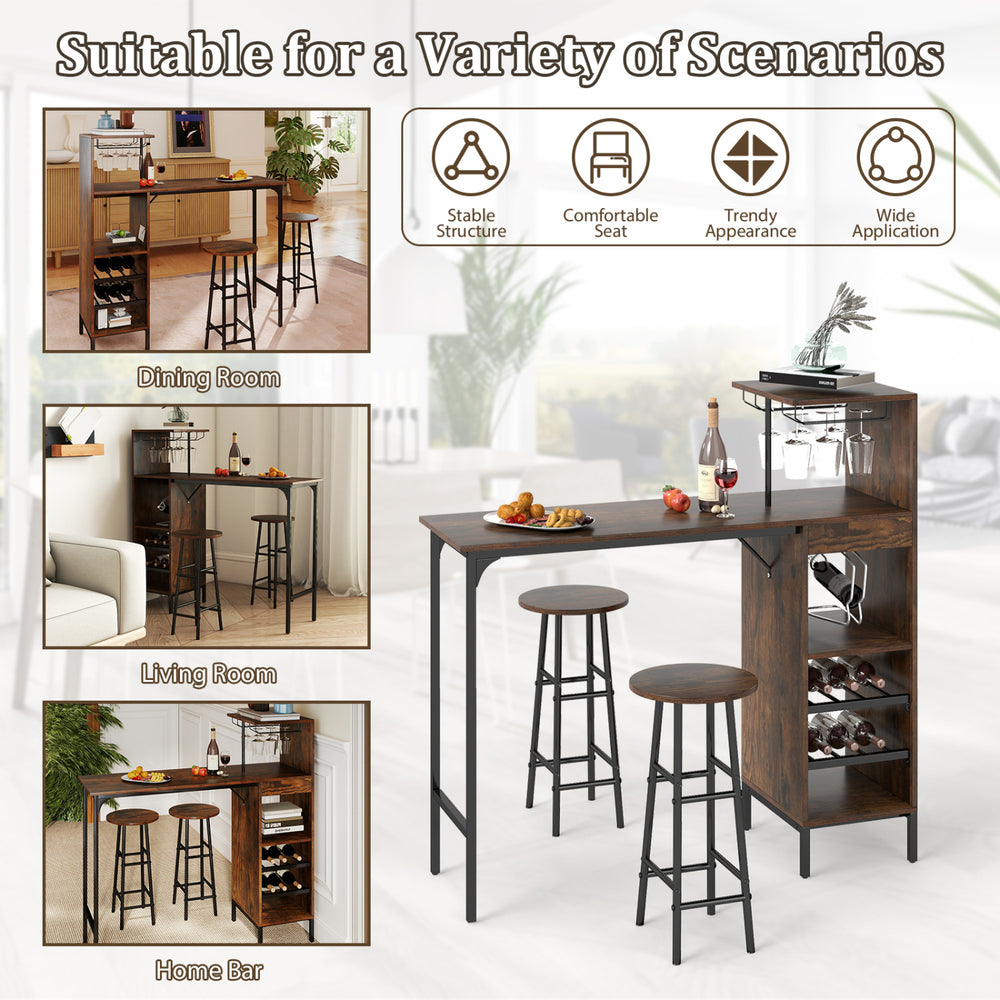 3-piece bar table set in rustic brown with wine rack, ideal for dining or home bar use, featuring a spacious tabletop.