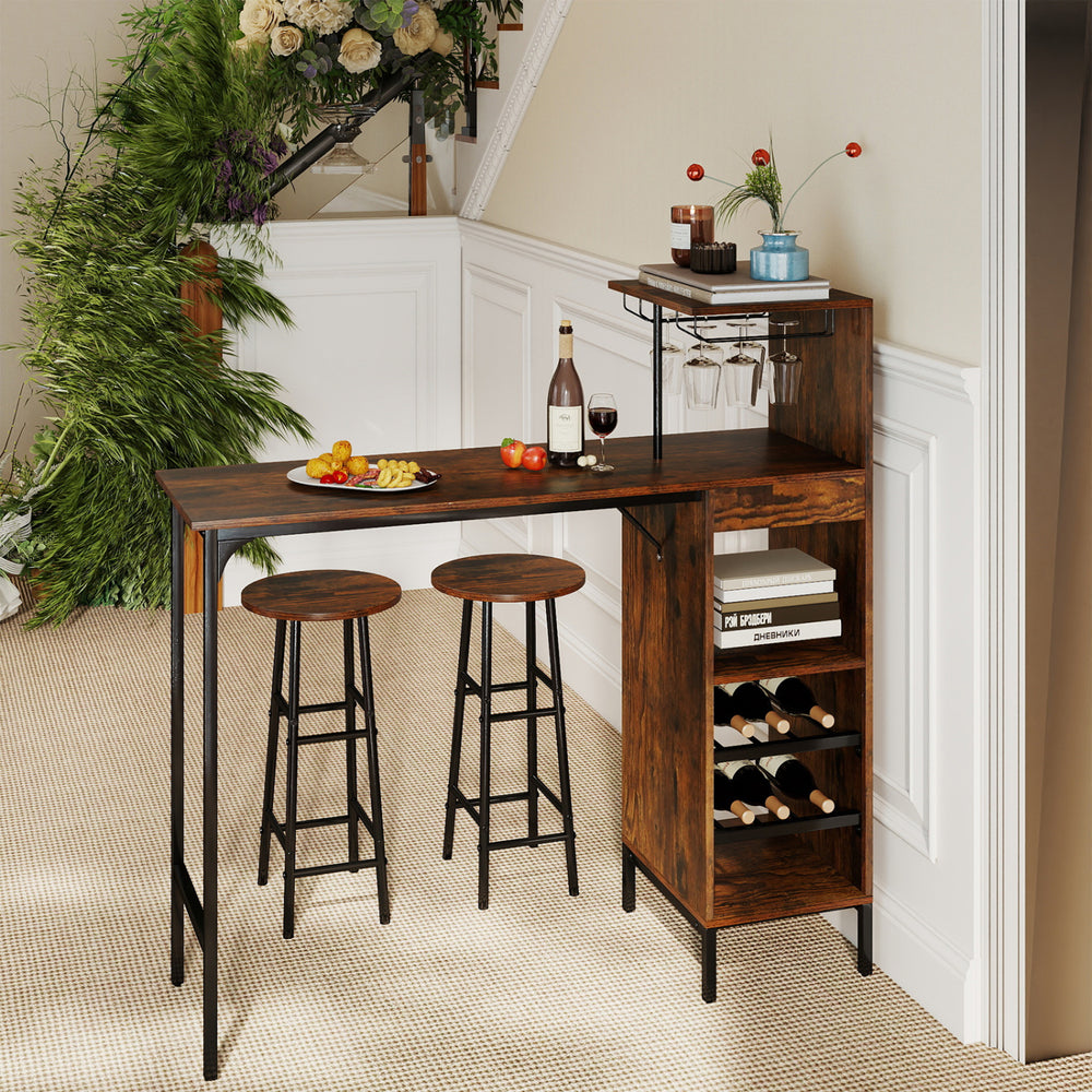 Rustic brown 3-piece bar table set with wine rack, featuring sturdy metal frame and space-saving design for versatile.