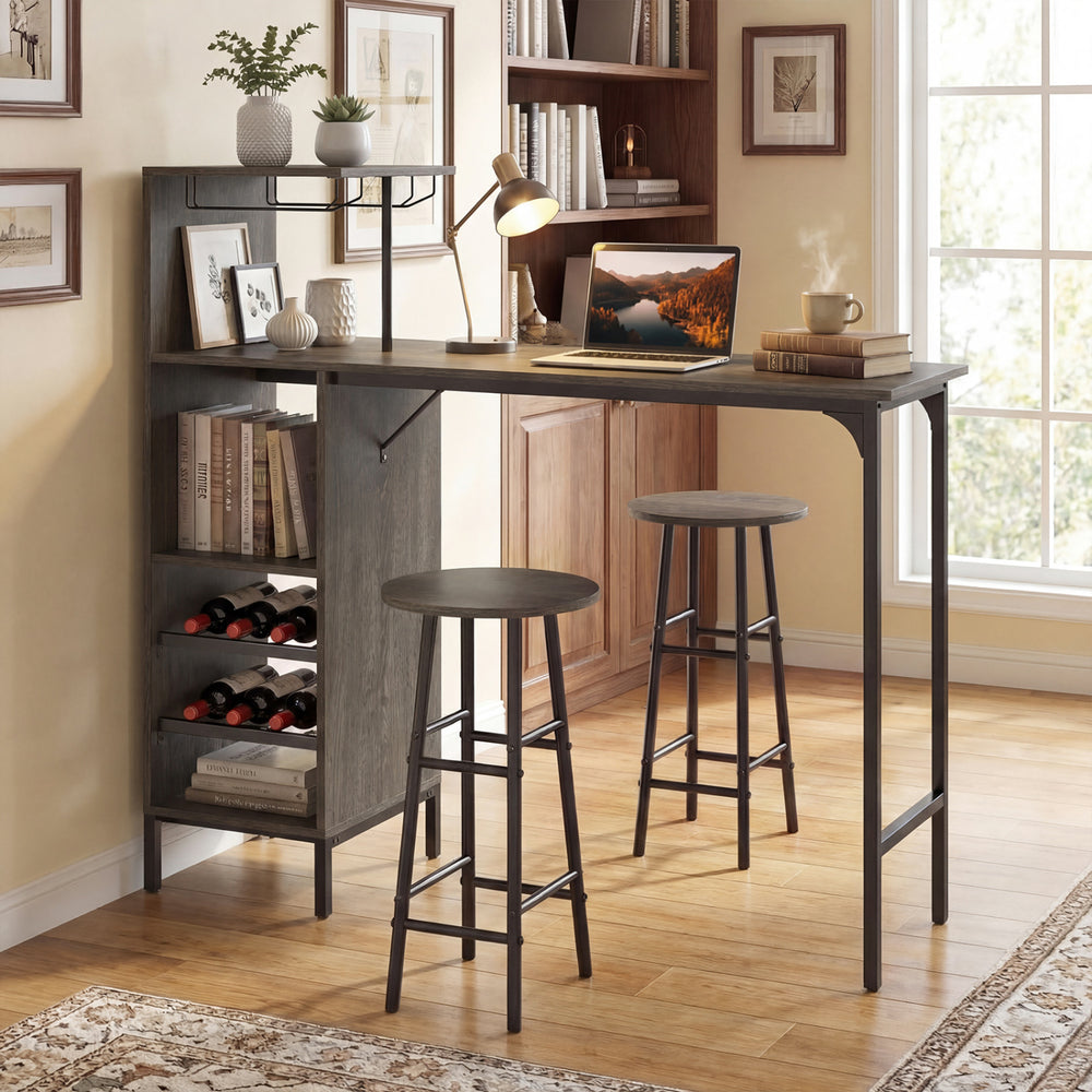 3 Piece Bar Table and Chairs Set with 6-Bottle Wine Rack-Oak - Gallery View 1 of 9