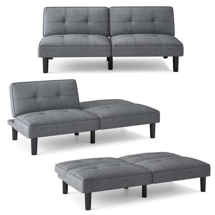Convertible folding futon sofa bed in gray with 6 adjustable positions for versatile relaxation and extra sleeping.