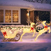 Lighted reindeer and sleigh set with 280 warm white LEDs, red bows, perfect for outdoor Christmas decoration.