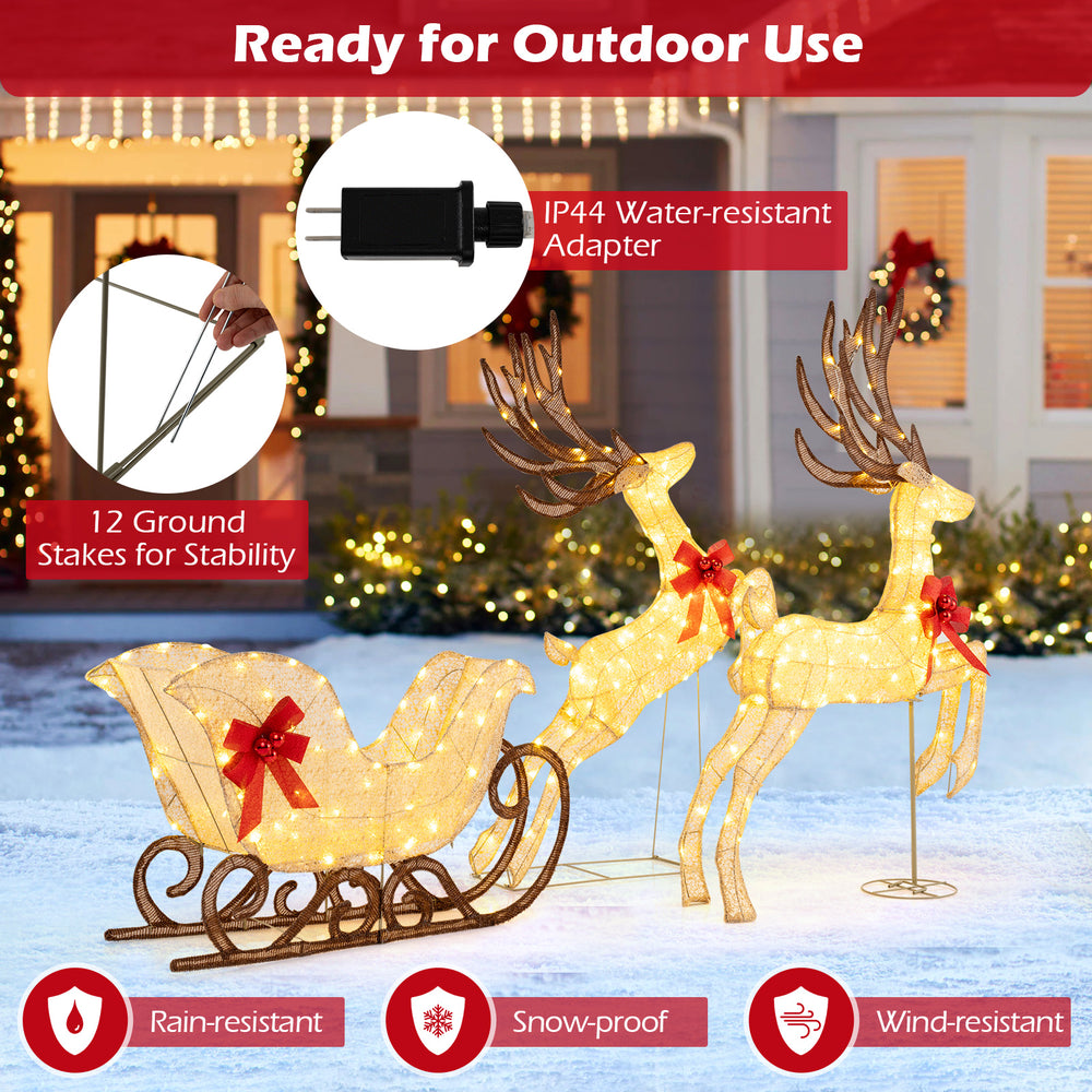 3-piece Christmas lighted reindeer and sleigh set with 280 LED lights, rain-resistant fabric, and festive red bows for.