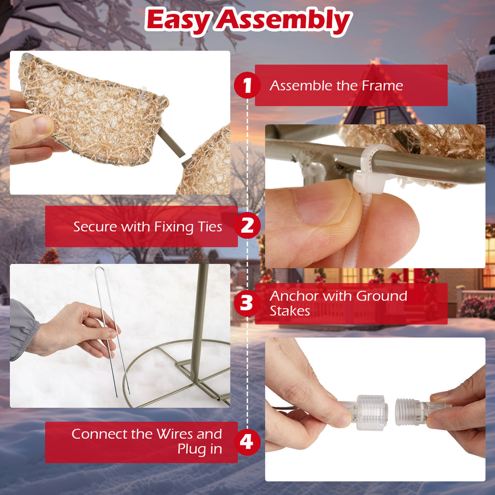 Step-by-step assembly guide for the 3-piece Christmas lighted reindeer and sleigh set for outdoor decoration.