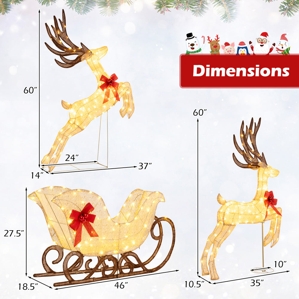 Lighted reindeer and sleigh set with 280 LED lights, red bows, and metal stands for festive outdoor Christmas decor.