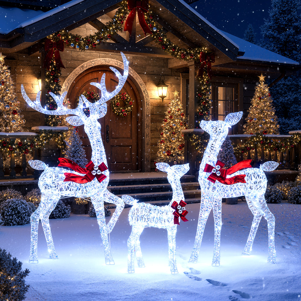 3-piece Christmas lighted iridescent reindeer family set with 215 LED lights for festive indoor and outdoor decor.