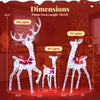 Dimensions of the 3-piece Christmas lighted iridescent reindeer family set, showcasing sizes of each reindeer for.