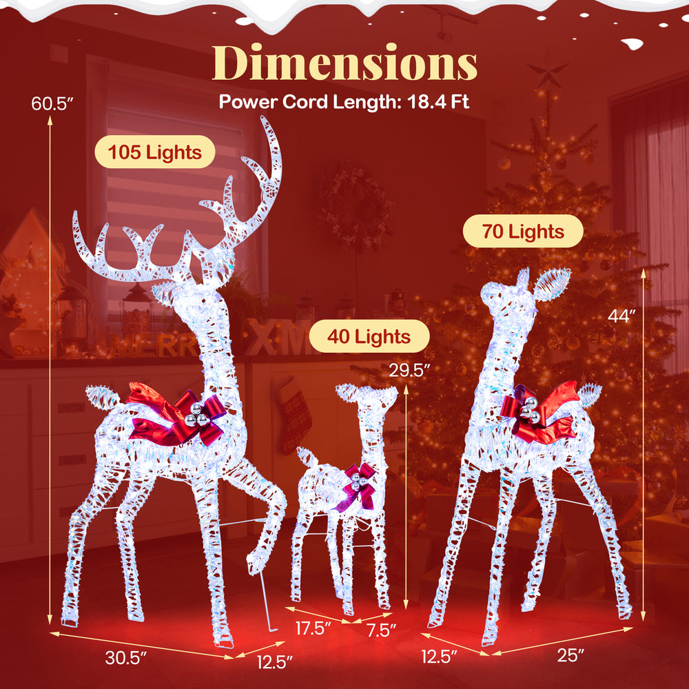 Dimensions of the 3-piece Christmas lighted iridescent reindeer family set, showcasing sizes of each reindeer for.