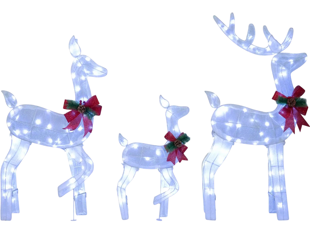 Lighted 3-piece Christmas reindeer family set with 180 LED lights and festive bows, ideal for outdoor holiday displays.