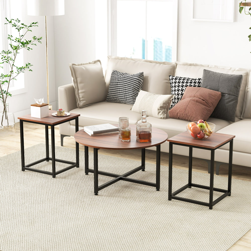 3-Piece Coffee Table Set Round Coffee Table and 2PCS Square End Tables-Walnut and Black - Gallery View 1 of 10