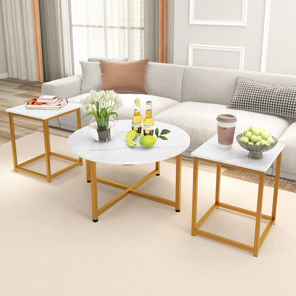 3-Piece Coffee Table Set Round Coffee Table and 2PCS Square End Tables-White and Gold - Gallery View 1 of 10