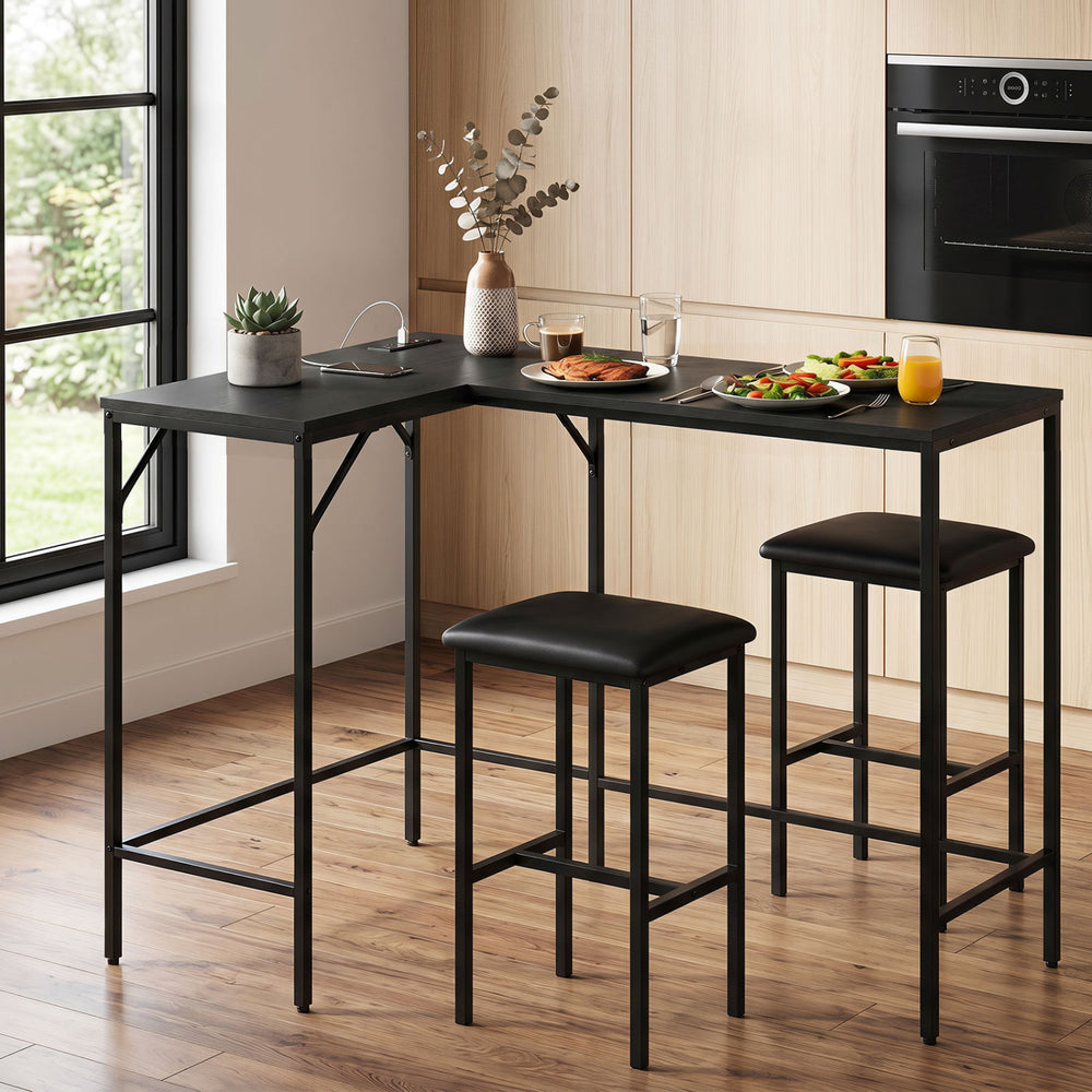 3-Piece Convertible L-Shaped Kitchen Table Chair Set with 2 AC Outlets  USB Port and Type-C Port-Black - Gallery View 1 of 12