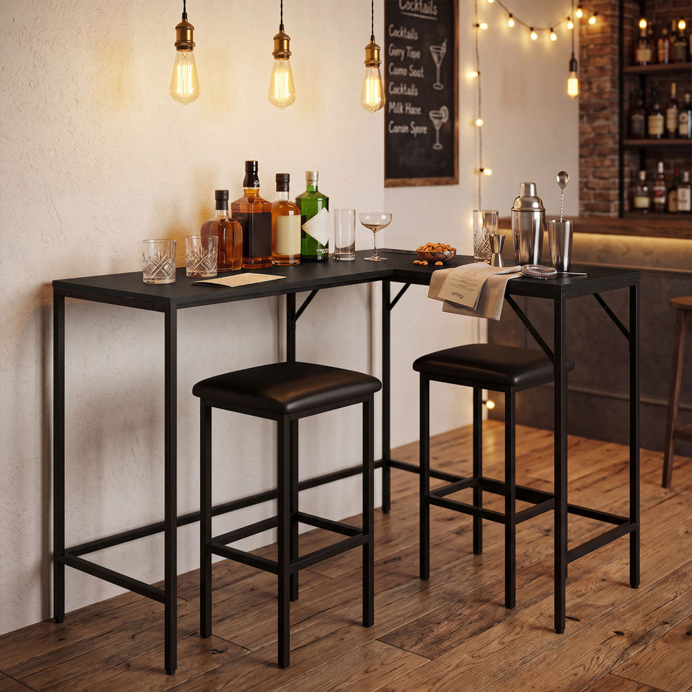 Convertible L-shaped kitchen table set in black with padded chairs, featuring USB ports and a sleek industrial design.