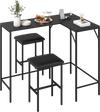 L-shaped kitchen table set in black with padded chairs, featuring USB ports and AC outlets for convenient charging.