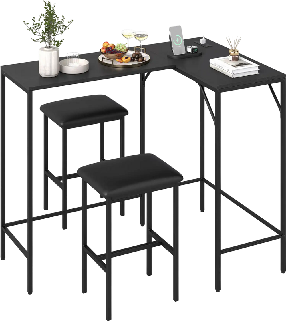 L-shaped kitchen table set in black with padded chairs, featuring USB ports and AC outlets for convenient charging.