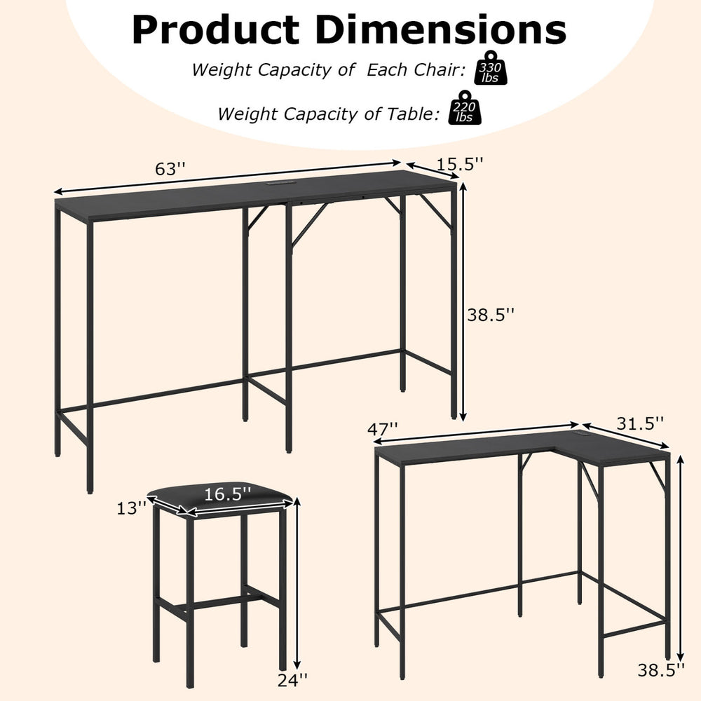 3-piece convertible L-shaped kitchen table chair set in black with built-in charging station for versatile use.