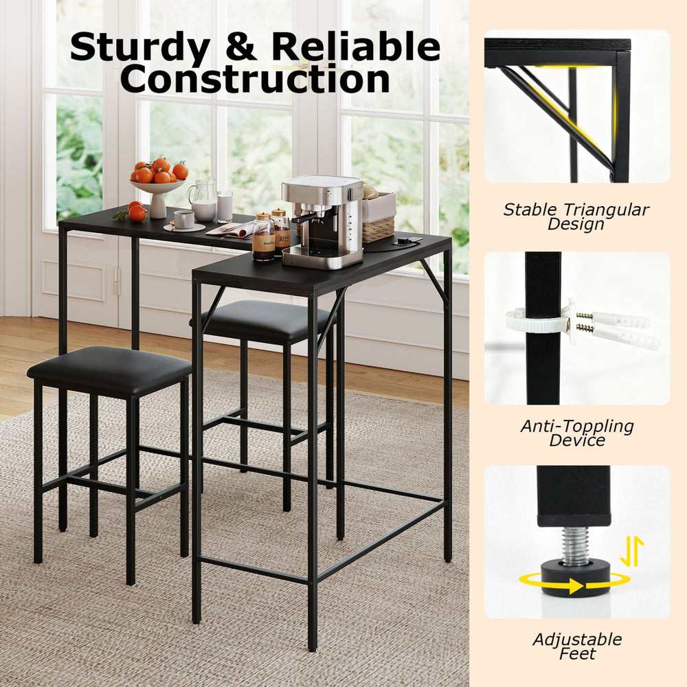 Convertible L-shaped kitchen table set in black with padded chairs, built-in charging ports, and adjustable feet for stability.