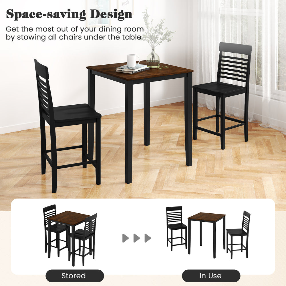 Counter-height dining table set with rubber wood frame and two chairs, ideal for small spaces and dining areas.