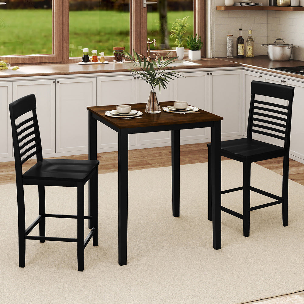 Counter-height dining table set with black rubber wood frame, featuring two chairs and footrests, ideal for small.