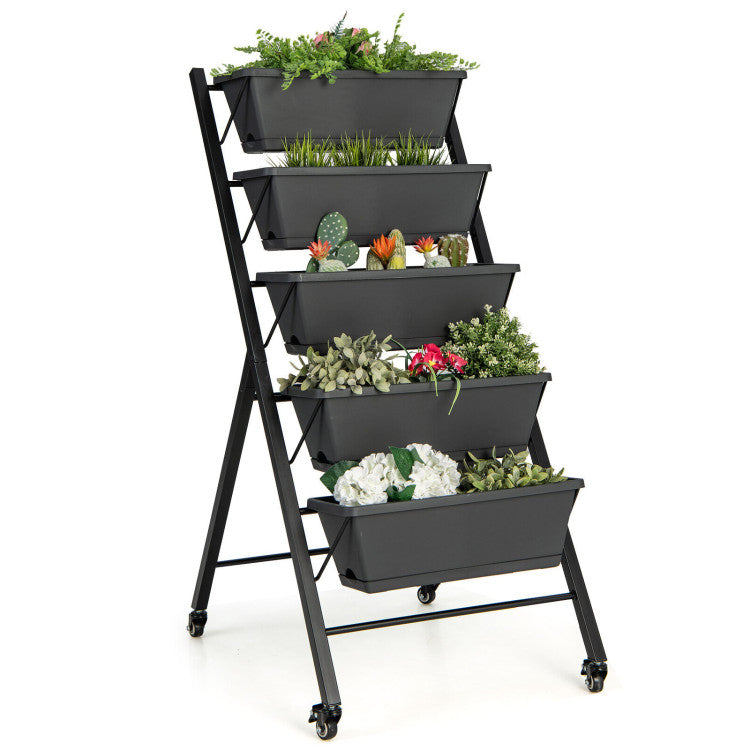 5-tier mobile planter with lockable wheels, featuring weather-resistant construction for space-efficient vertical.