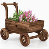 Wooden mobile planter cart with flowers, featuring lockable wheels and a rustic design for decorative gardening.