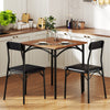 Square dining table set with rustic brown veneered top and two black PU leather chairs, perfect for dining rooms.