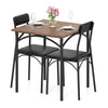 Square dining table set with rustic brown veneered top and two black PU leather chairs, ideal for dining rooms.
