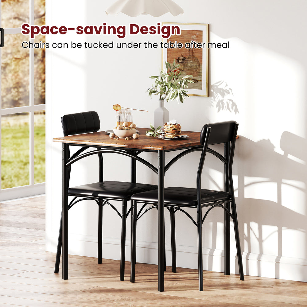Square dining table set with rustic brown finish and two chairs, designed for space-saving in dining rooms.