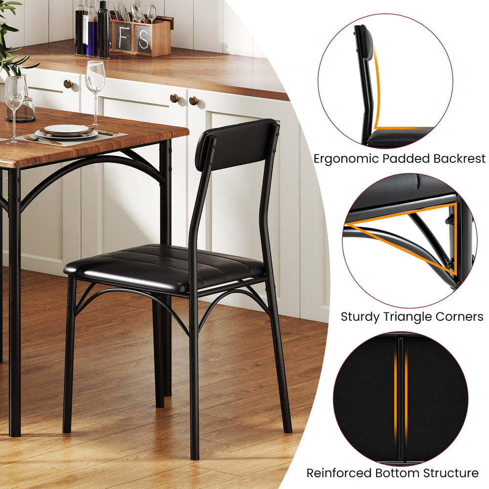 Black dining chair with ergonomic padded backrest, waterproof PU leather, and sturdy triangle corners for added support.