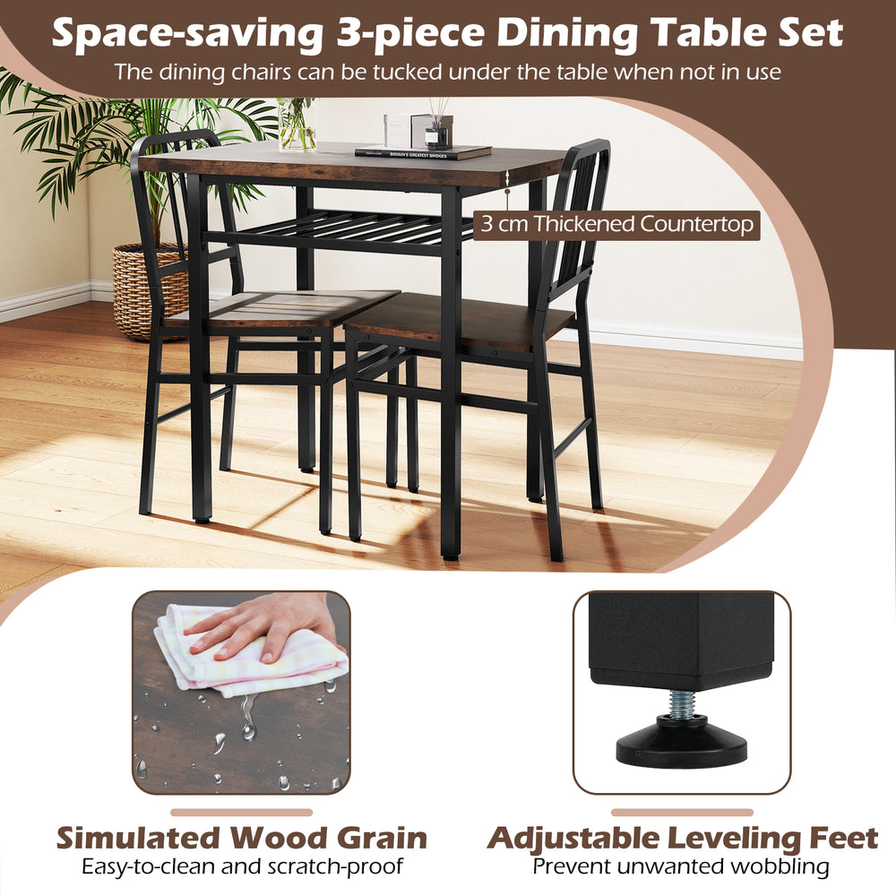 Rustic brown 3-piece dining table set with rectangular table and 2 chairs, featuring simulated wood grain and.