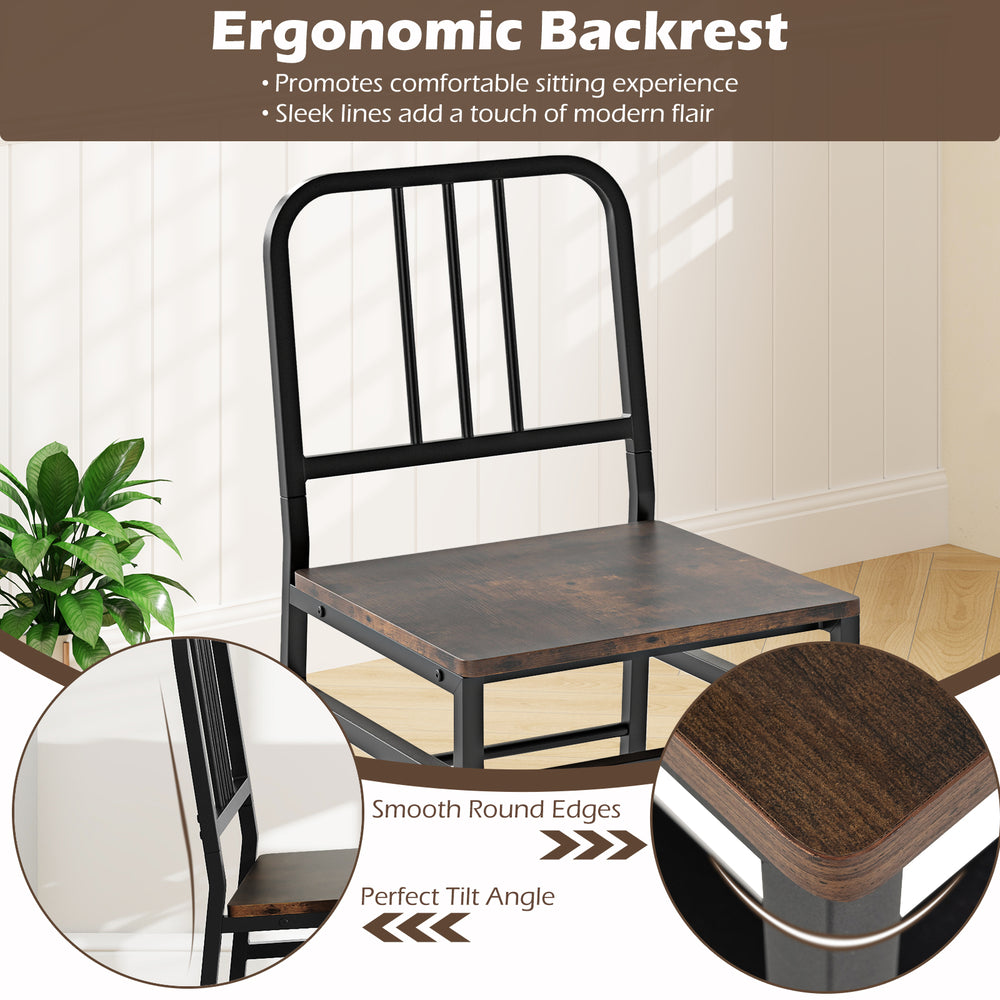 Ergonomic dining chair with rustic brown finish, featuring a smooth round edge and robust metal frame for comfort.