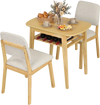 3-piece dining table set for 2 with natural wood grain, upholstered chairs, and built-in storage rack for space-saving.
