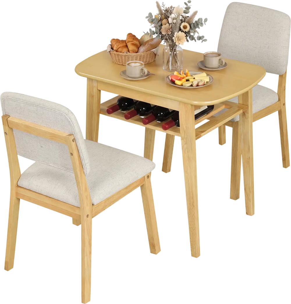 3-piece dining table set for 2 with natural wood grain, upholstered chairs, and built-in storage rack for space-saving.