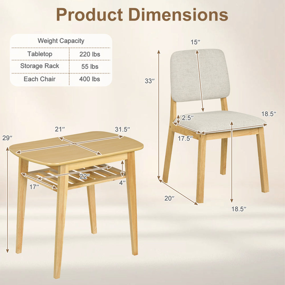 3-piece dining table set with natural wood grain, upholstered chairs, and built-in storage rack for space-saving design.