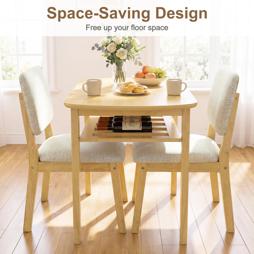 3-piece dining table set for 2 with upholstered chairs, featuring natural wood grain and built-in storage rack for.