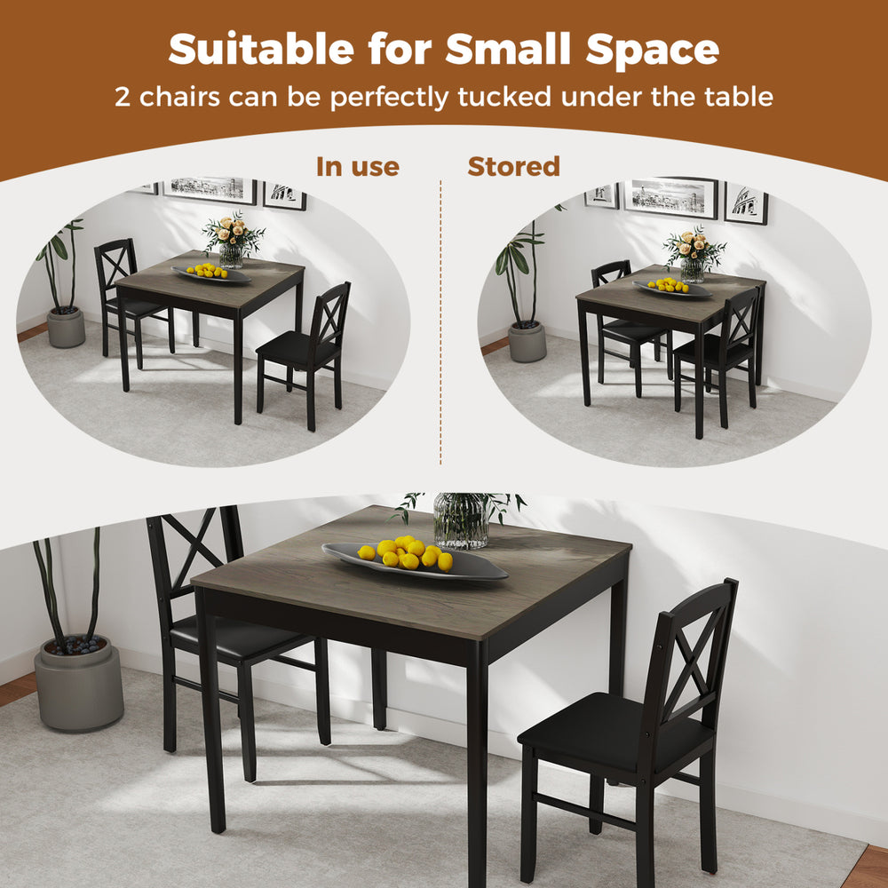 3-piece dining table set with gray acacia wood tabletop and ergonomic chairs, ideal for small spaces like kitchens.