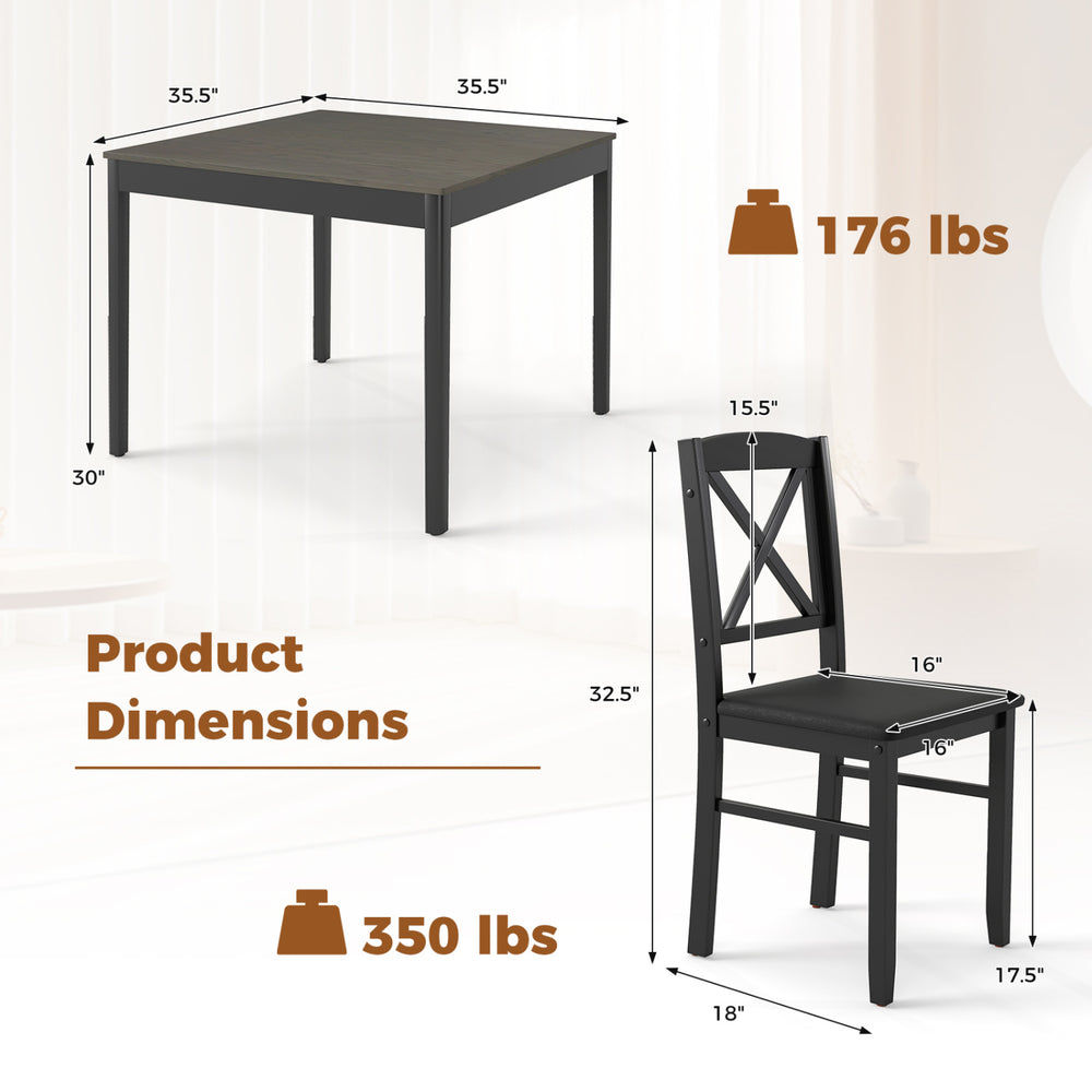 Dimensions of the 3-piece gray dining table set, featuring a waterproof acacia wood tabletop and sturdy rubber wood.