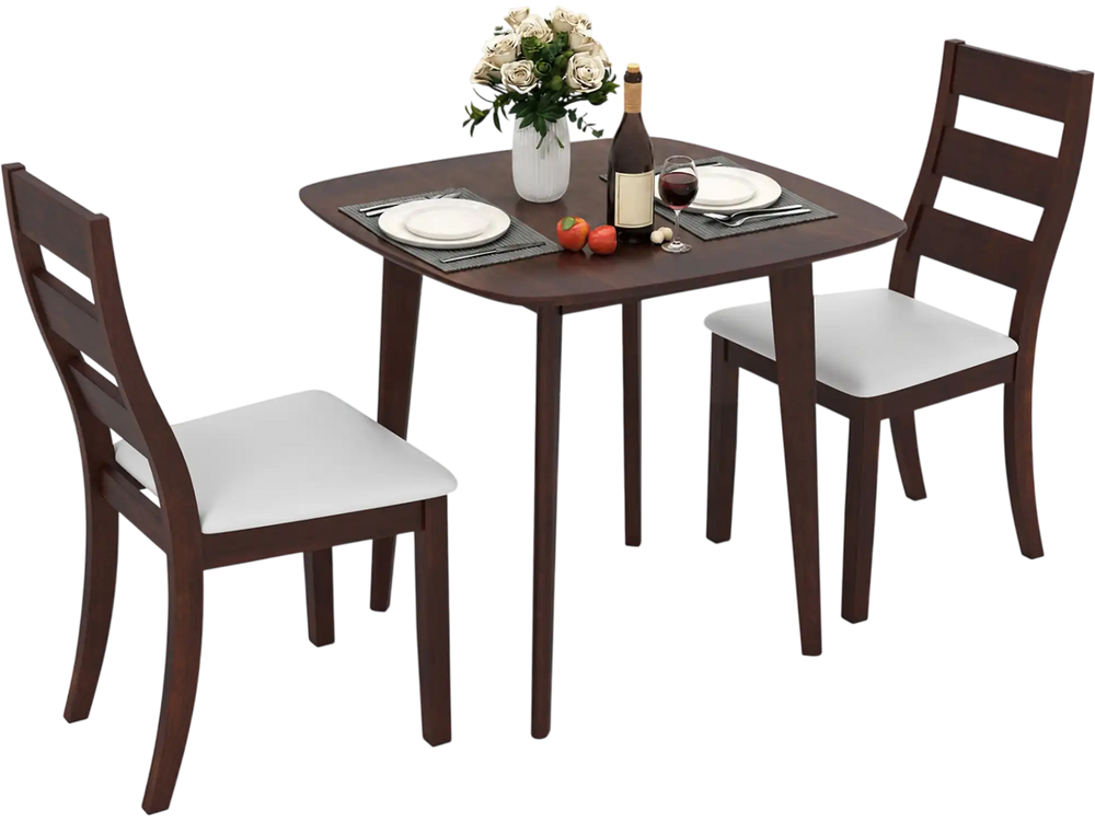 3-piece dining table set with a walnut wooden square table and two ergonomic chairs, perfect for living rooms or apartments.