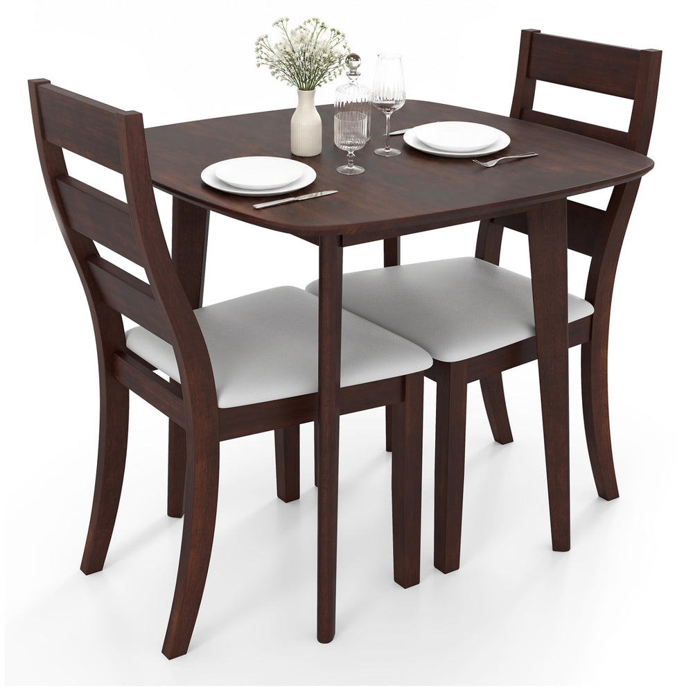 Walnut 3-piece dining table set with rubber wood frame and cushioned chairs, perfect for living rooms or restaurants.