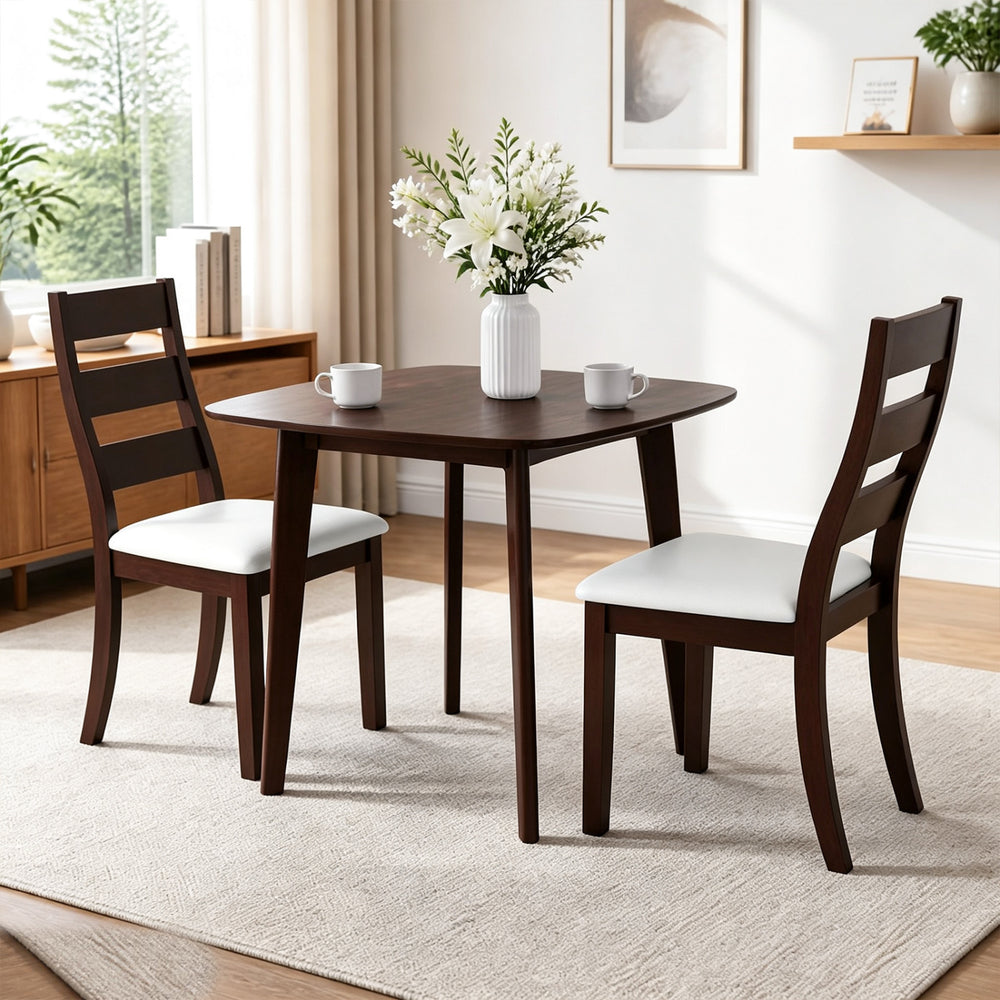 Walnut 3-piece dining table set with a square table and two ergonomic chairs, perfect for living rooms or apartments.