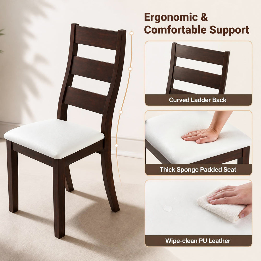 Dining chair with ergonomic ladder back and thick sponge padded seat, upholstered in wipe-clean PU leather for comfort.