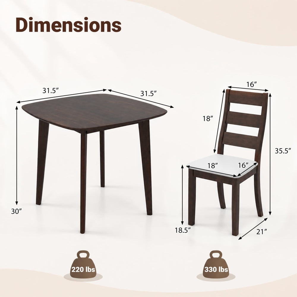 3-piece dining table set with walnut-finished wooden square table and two ergonomic chairs, ideal for various settings.