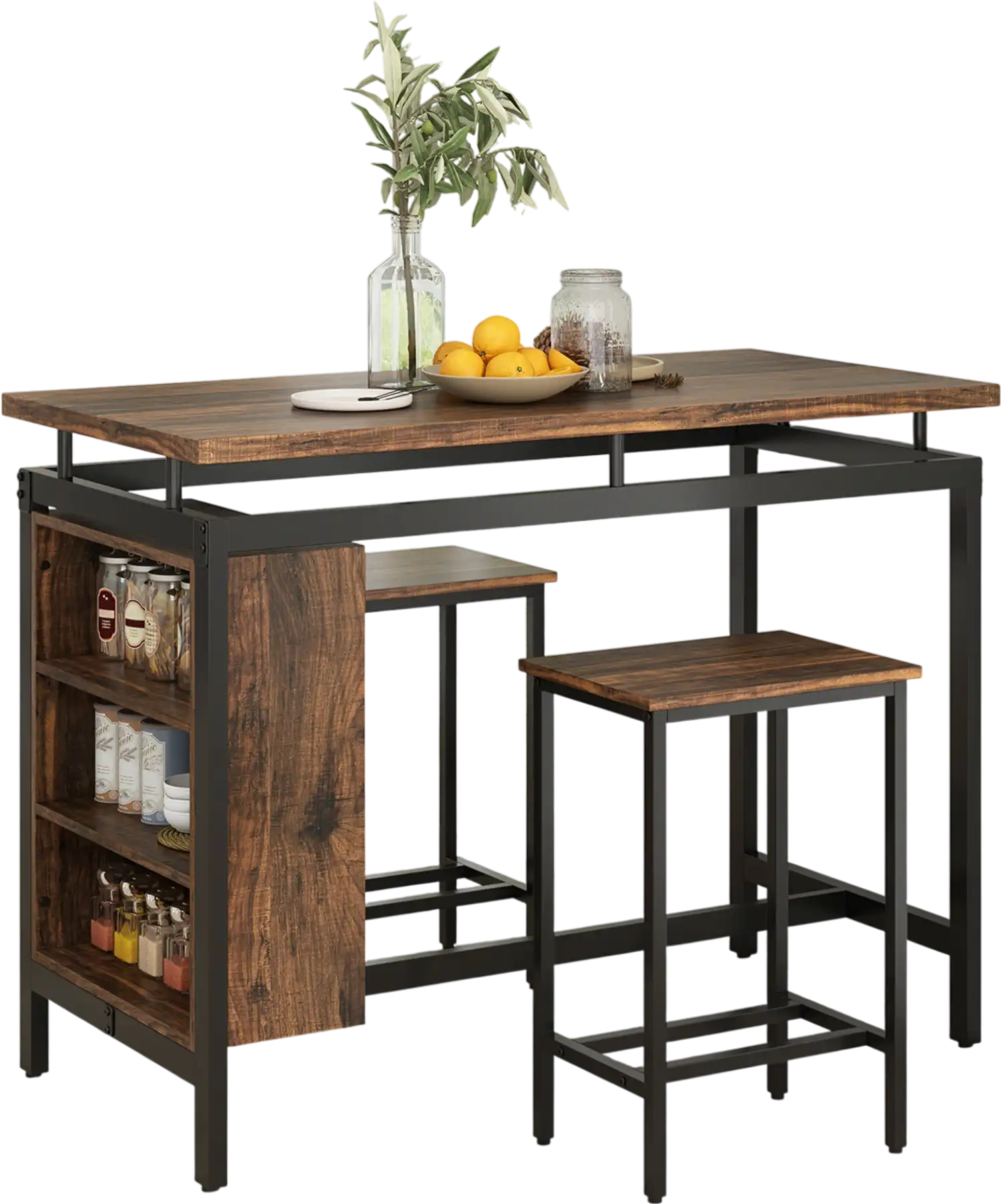 Costway 3-Piece Dining Table Set w/ 3-Tier Storage Shelf Metal Frame Brown 74892561 New