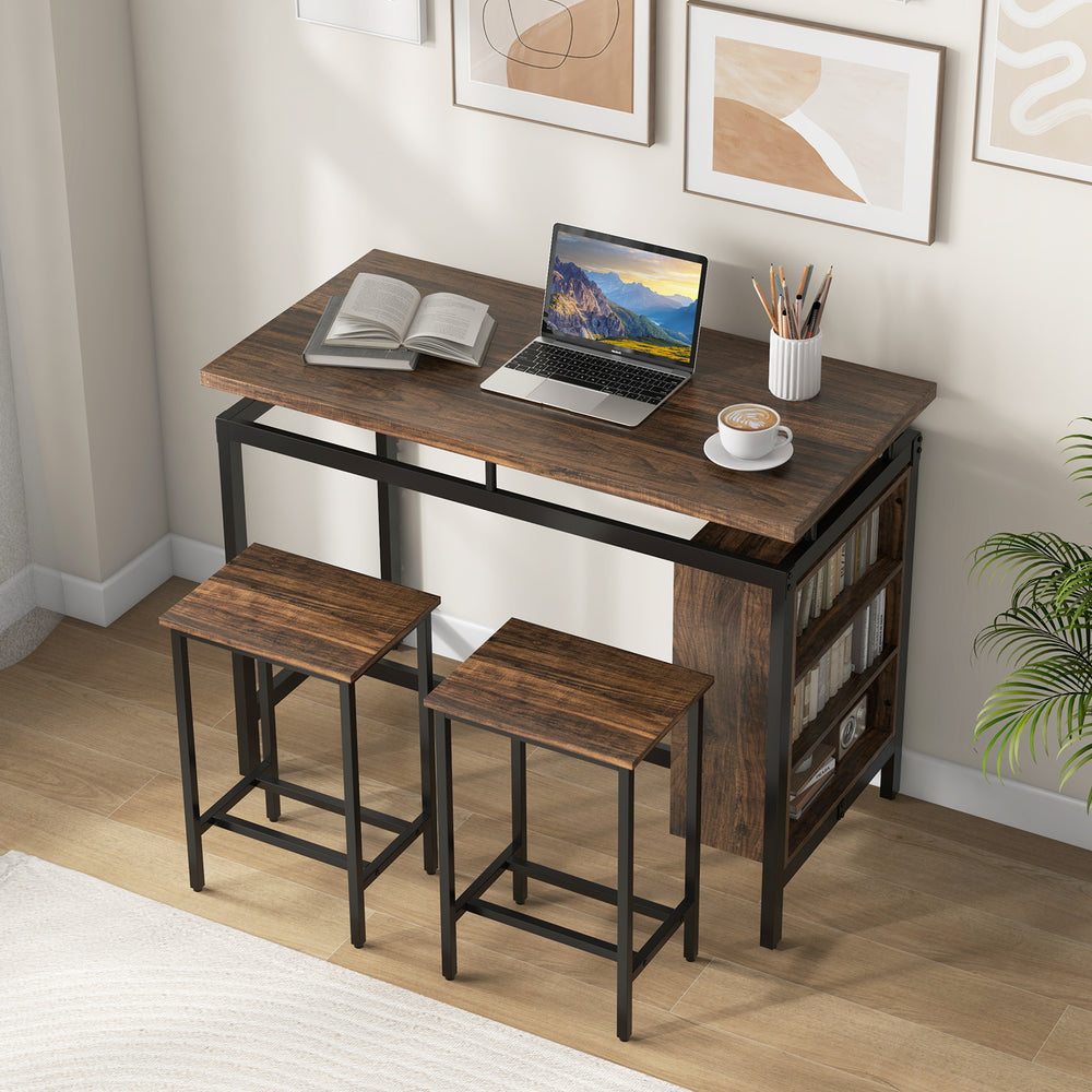 Dining table set with 3-tier storage shelf, brown veneered wood, and metal frame, ideal for small spaces.