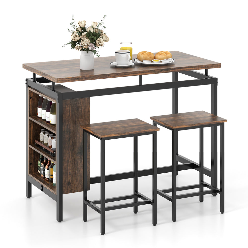 Dining table set with 3-tier storage shelf, metal frame, and 2 stools, ideal for small spaces and casual meals.