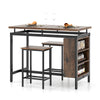 3-piece dining table set with brown veneered wood top and metal frame, featuring 3-tier storage shelf and 2 stools.