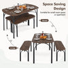 3-piece dining table set with brown MDF tabletop and metal frame, ideal for small spaces, featuring benches stored.