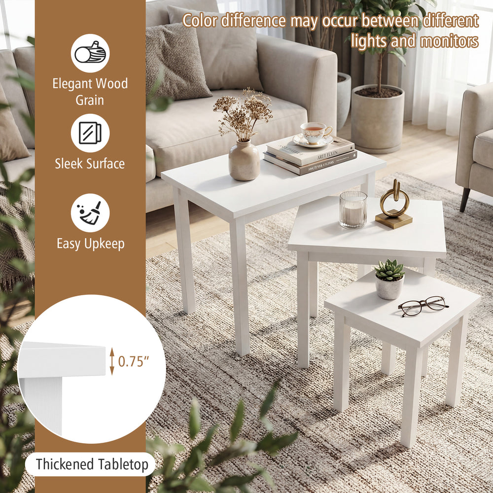 Three-piece white farmhouse side table set featuring a sleek surface and thickened tabletop for versatile use in living.