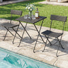 Folding bistro set with black PE wicker and X-shaped metal frame, perfect for outdoor use by the poolside or patio.