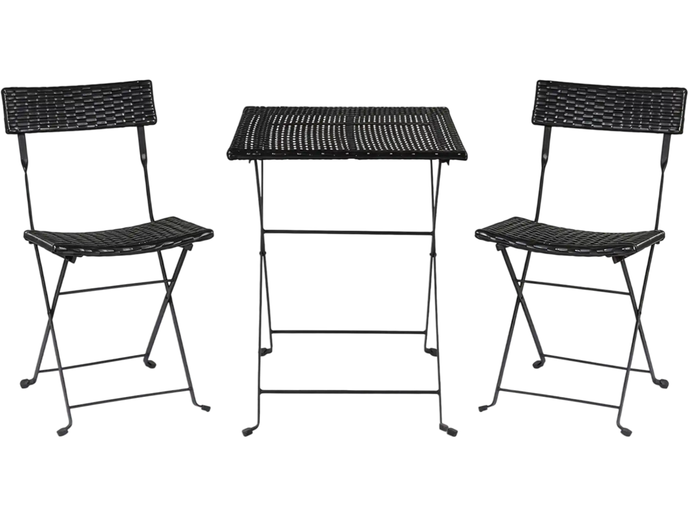 Folding bistro set featuring a black PE wicker table and ergonomic chairs, perfect for outdoor patio or garden use.